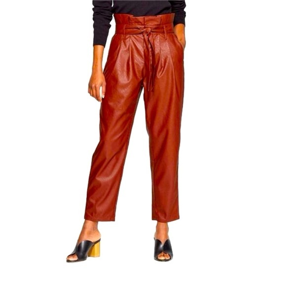 Who What Wear - Burgundy Faux Leather Paper Bag Tie High Waist Pants Size 2 - Picture 1 of 10